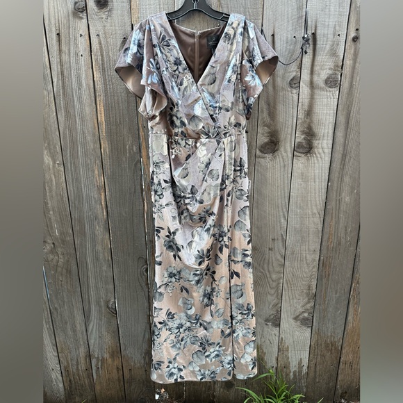 Adriana Foil Floral Print Velvet Long Gown in TAUPE size 8P - Picture 3 of 5